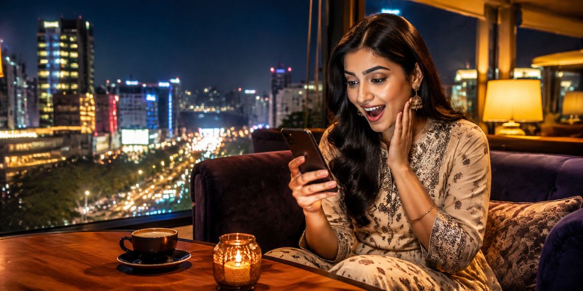 Young woman in Bangalore browsing 22922 casino app on mobile device